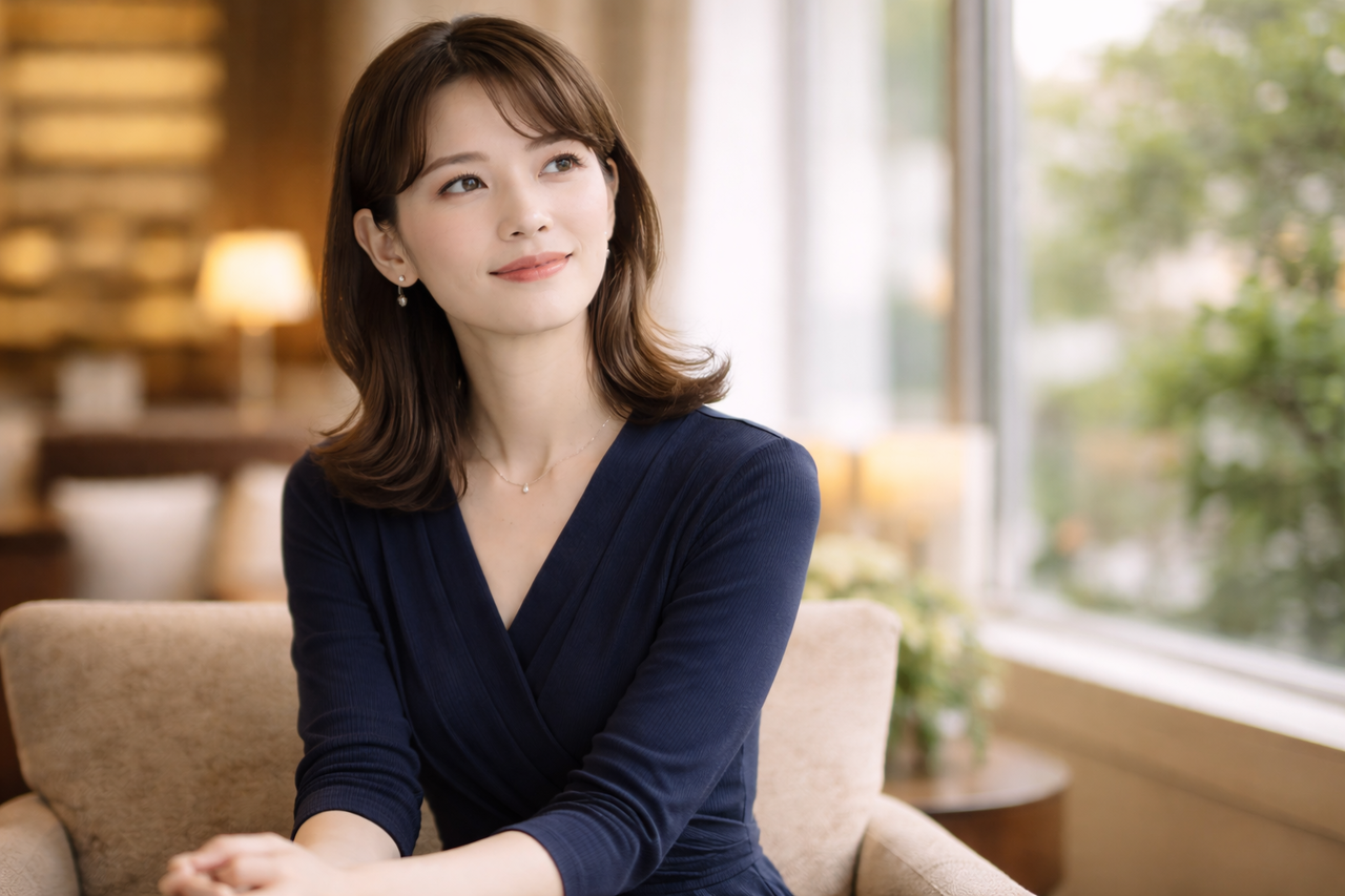 30 代前半の日本人女性が落ち着いた表情で窓辺に座り、将来を考えているような自然なポートレート。 知性と品のある雰囲気。