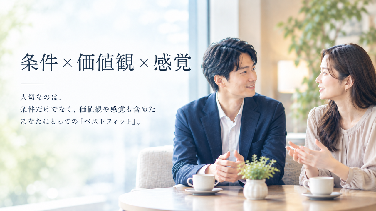 条件✕価値観✕感覚　20代後半～30代前半の日本人男女。 結婚を考えている二人。