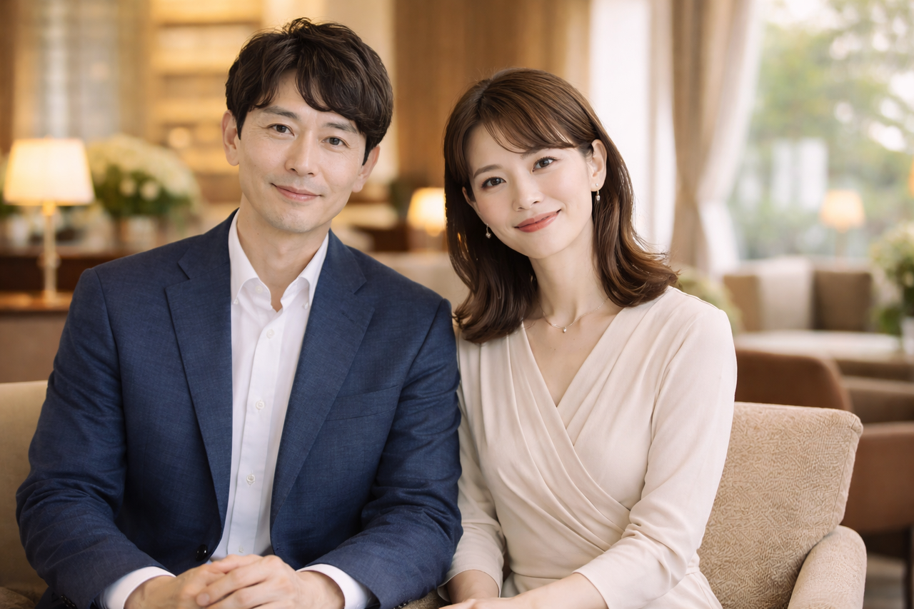 30代前半の日本人男女が穏やかに並んで微笑んでいる。 落ち着いた知性を感じる表情。 派手すぎない上品な服装。 名古屋の高級ホテルラウンジのような空間。