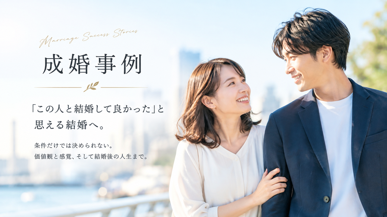 成婚事例 「この人と結婚して良かった」と 思える結婚へ。20代後半～30代の男女 上品 自然な表情 落ち着いた雰囲気 「恋人」より「人生をともにする二人」 を感じる写真。