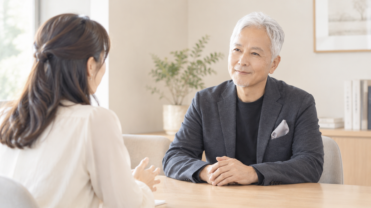 マリリング名古屋の白川省吾カウンセラーが、30代前後の女性会員と向き合い、人生や結婚について丁寧に話を聞いている様子