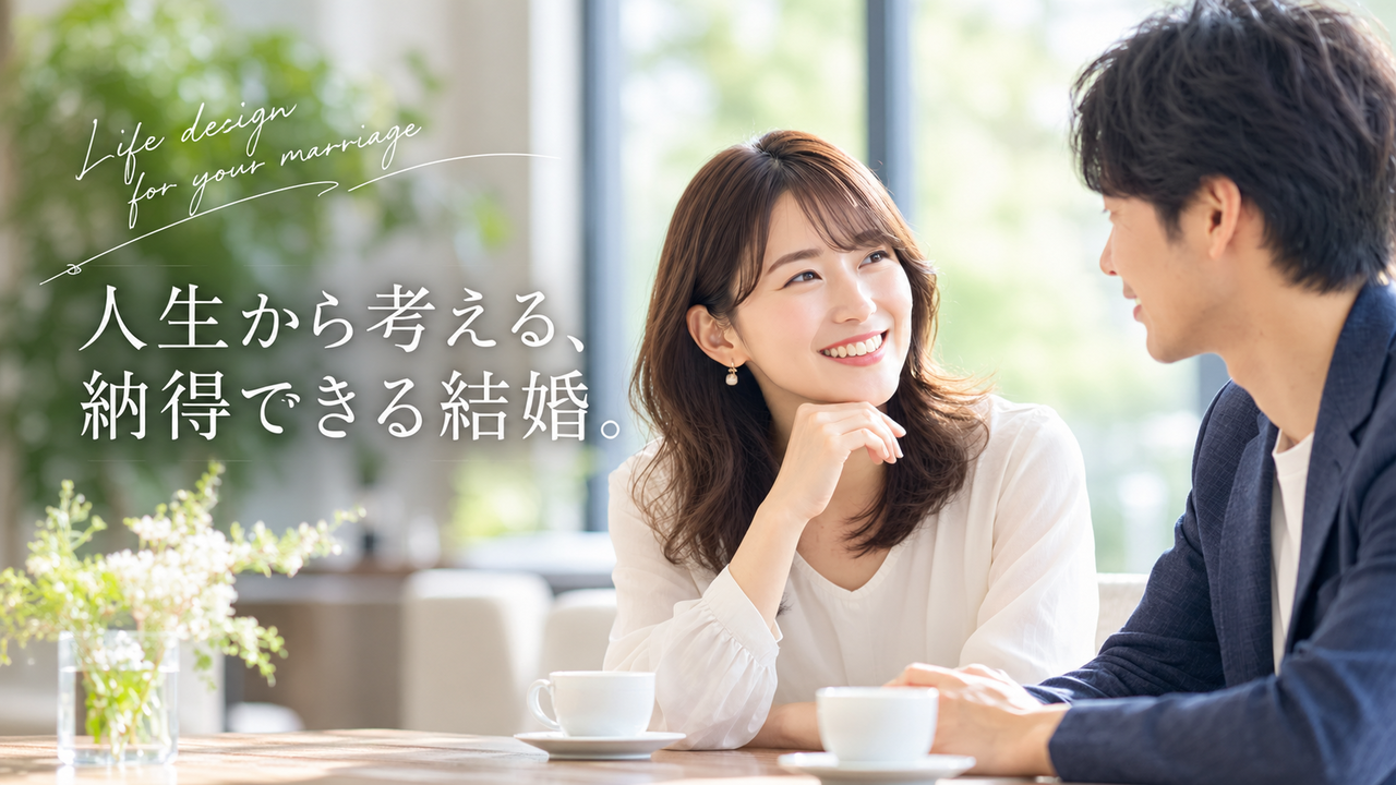 結婚前の日本人男女がカフェで笑顔で会話する様子。「人生から考える、納得できる結婚。」のメッセージを添えた、マリリング名古屋の婚活イメージ画像。