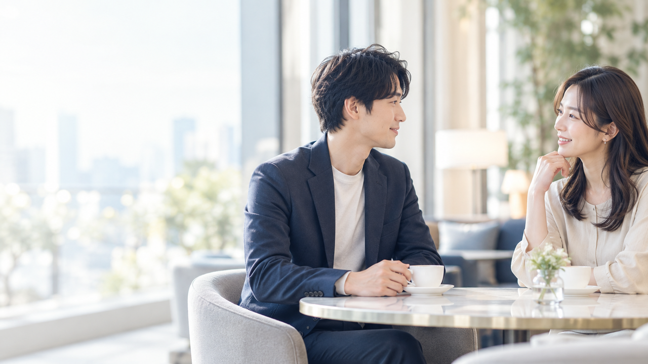 落ち着いたカフェラウンジで向かい合い、自然に会話する20代後半〜30代の男女