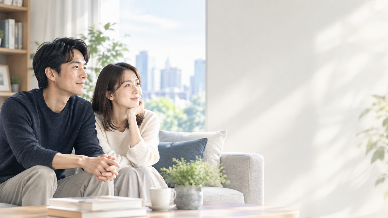 明るく穏やかな自宅のリビングで、自然な表情で並んで過ごす30代前後の日本人夫婦。窓の外を眺めながら静かな時間を共有する姿から、結婚後も一緒に暮らし、考え、人生をともにつくっていく「人生のパートナー」を表現している。