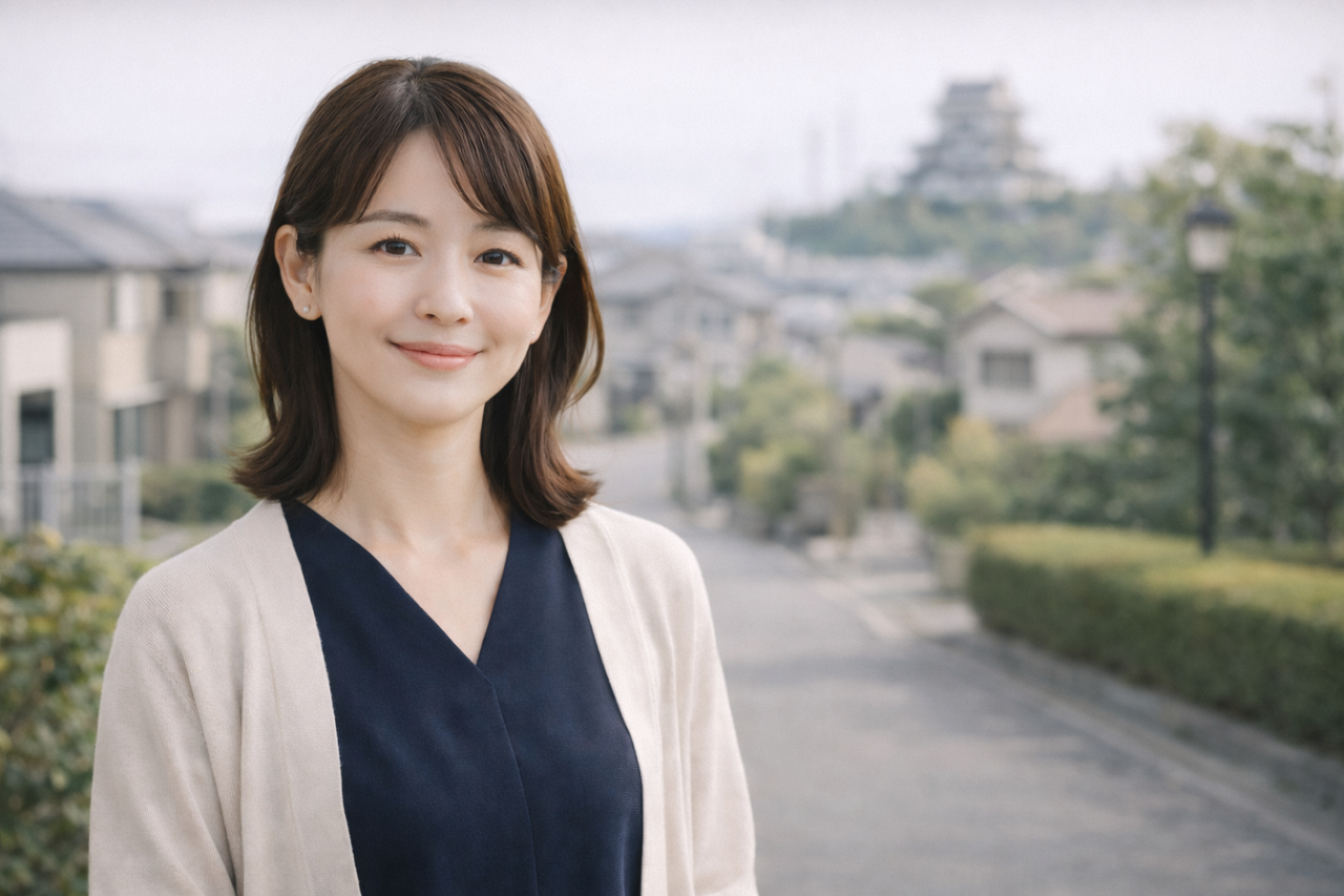 穏やかな微笑みの女性と小牧市の風景