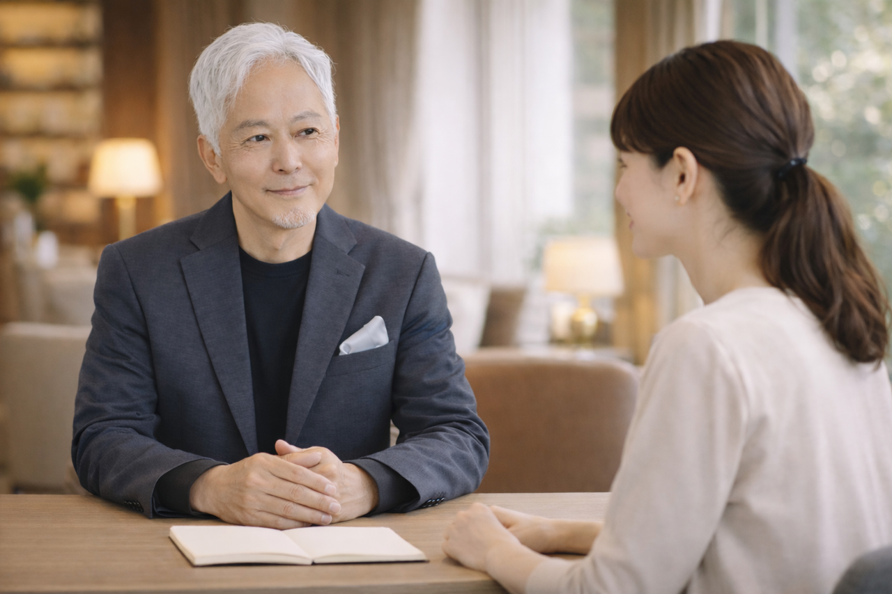 男性カウンセラーと30代女性会員が1対1で向き合って話している様子。 落ち着いたホテルラウンジ風の空間。
