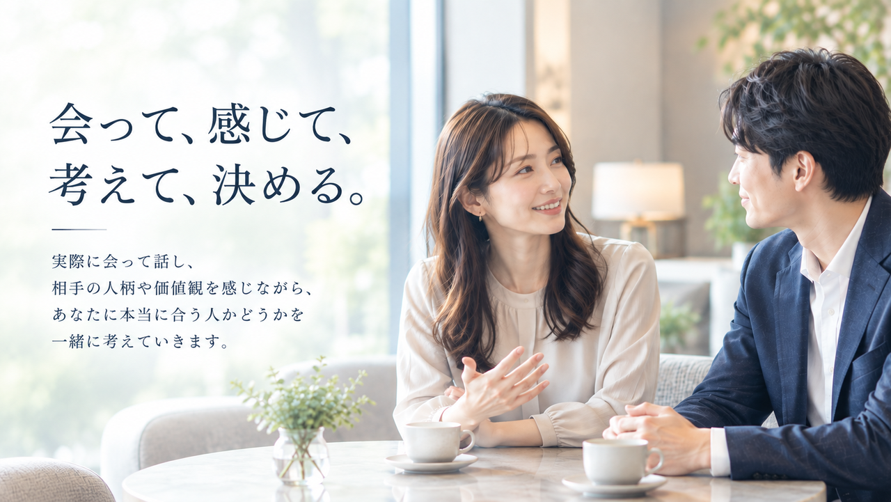 会って、感じて、考えて、決める。20代後半～30代前半の日本人男女。 結婚を考えている二人。