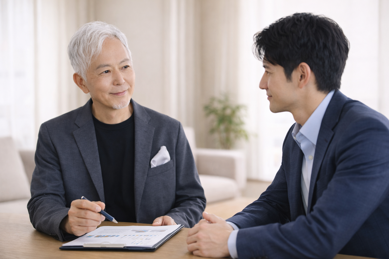 男性相談者とカウンセラーのカウンセリング中のなごやかな様子