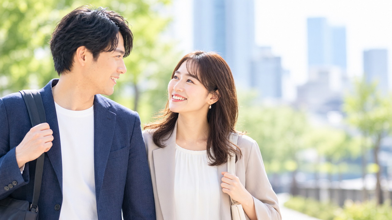 結婚前の日本人男女が明るい公園を歩きながら、笑顔で見つめ合う様子。これからの人生や将来を共に歩むパートナーとの関係を考える、マリリング名古屋の婚活イメージ画像。