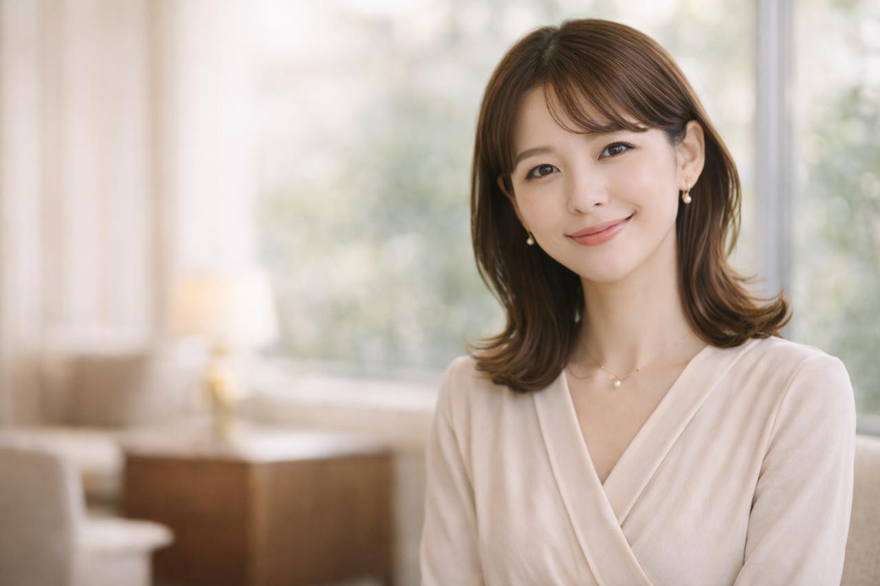 30代前半の日本人女性が穏やかに微笑んでいる上半身ポートレート。 清潔感と知性を感じる落ち着いた表情。 派手すぎない上品な服装。