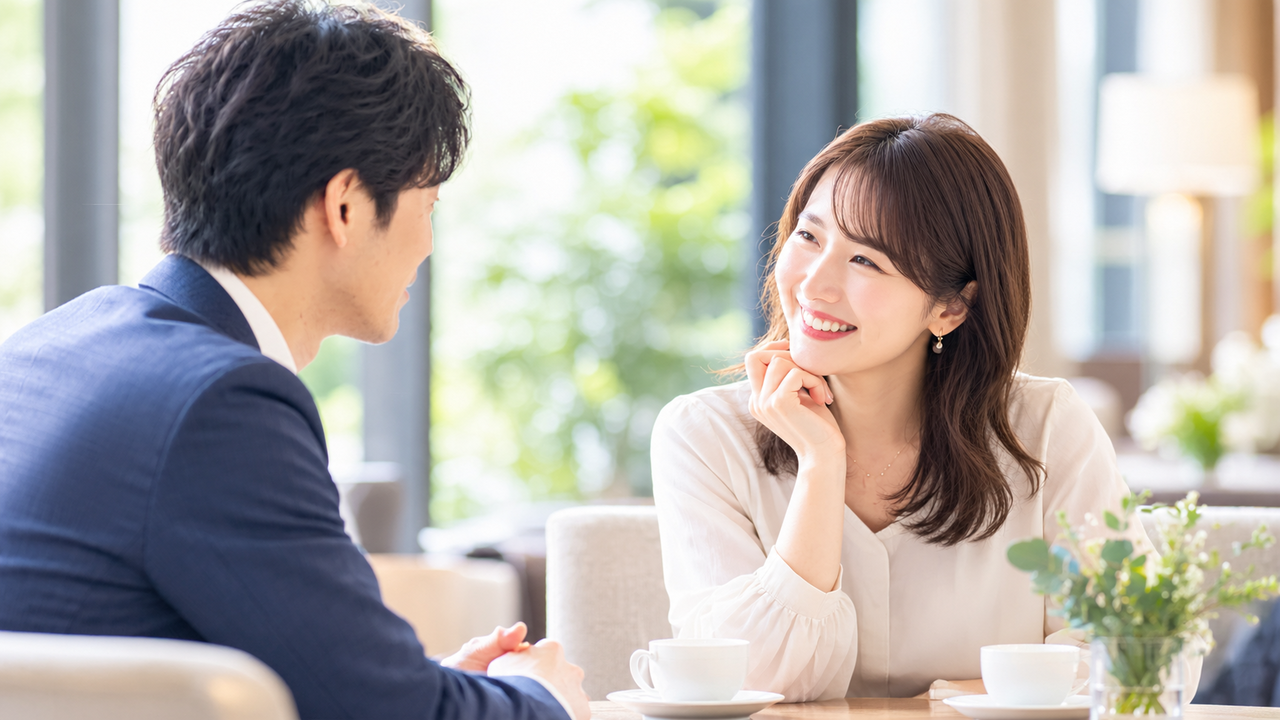 結婚前の日本人男女がカフェで向き合い、笑顔で会話する様子。お互いを知り、価値観や気持ちを確かめながら、結婚相手として理解を深めていく婚活のイメージ。