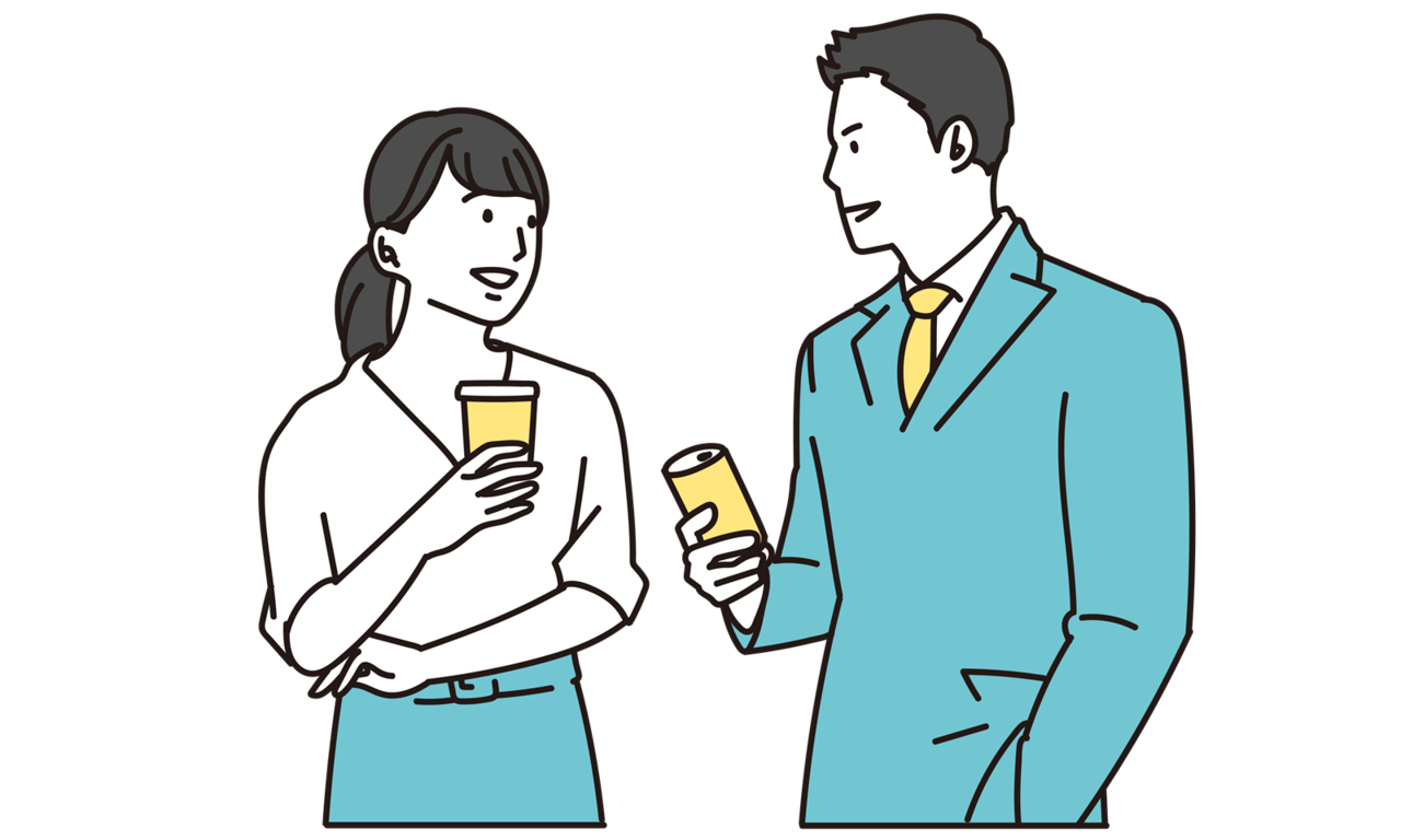 飲み物を手にして会話する若い女性と男性
