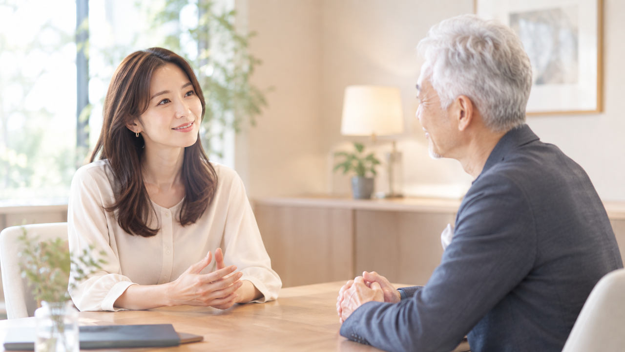 落ち着いた相談スペースで、女性会員の話に丁寧に耳を傾ける男性カウンセラー