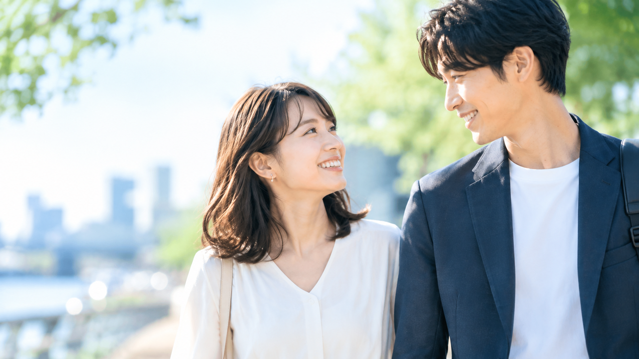 20代後半～30代の男女 上品 自然な表情 落ち着いた雰囲気 「恋人」より「人生をともにする二人」 を感じる写真。