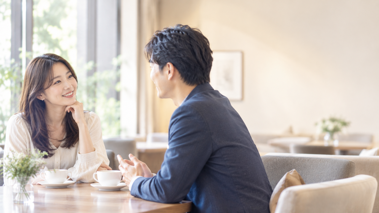 20代後半〜30代の日本人男女が、落ち着いたカフェで自然に会話している。 初期のデート風景。